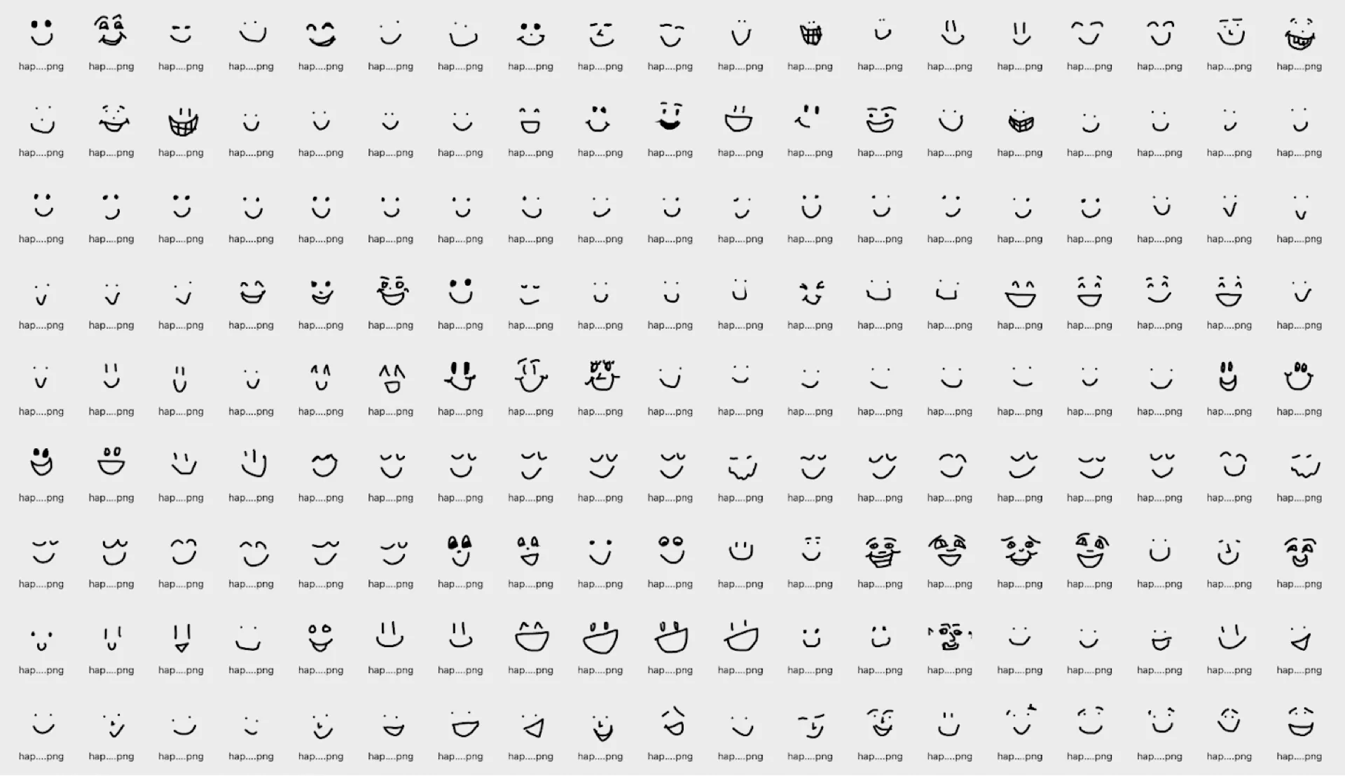 A grid of collected face drawings, each labeled with an emotion.