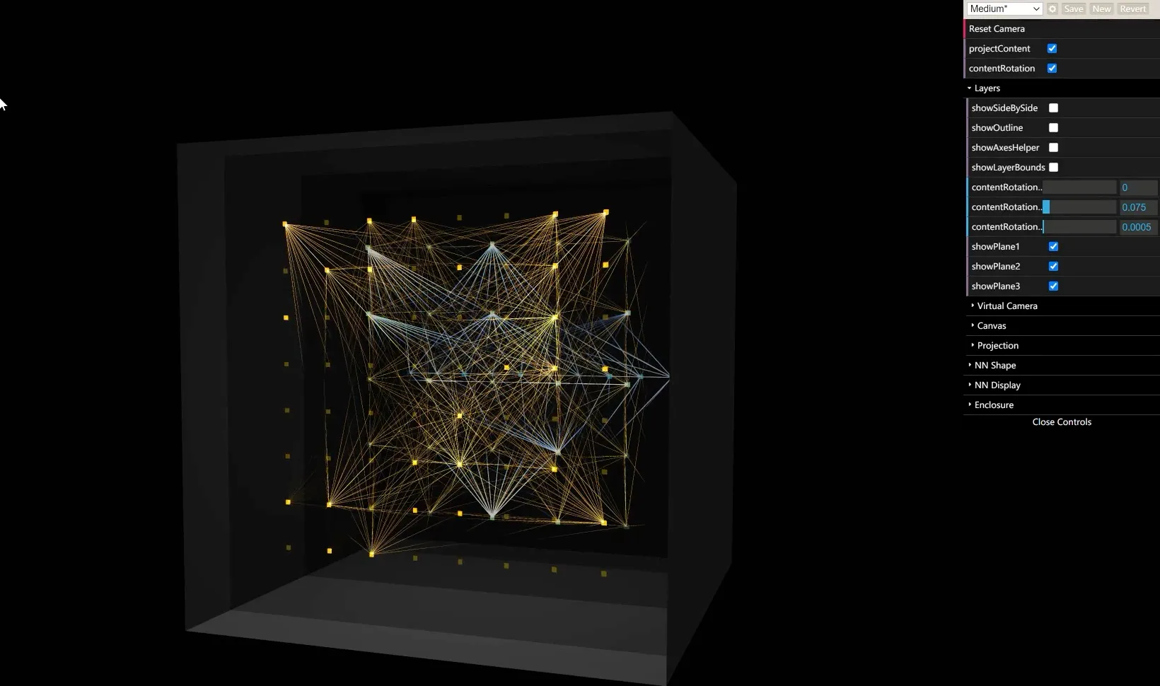 A Three.js prototype of the network split across layers.