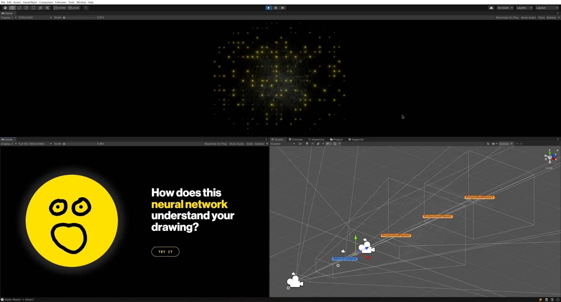 The production app in the Unity editor, with the network and camera views.