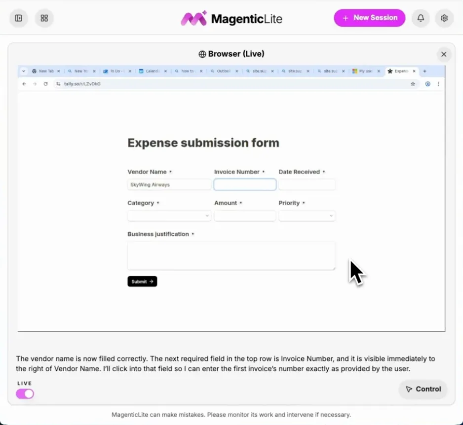 MagenticLite filling in an expense form in a live browser view, with the agent narrating its next step.