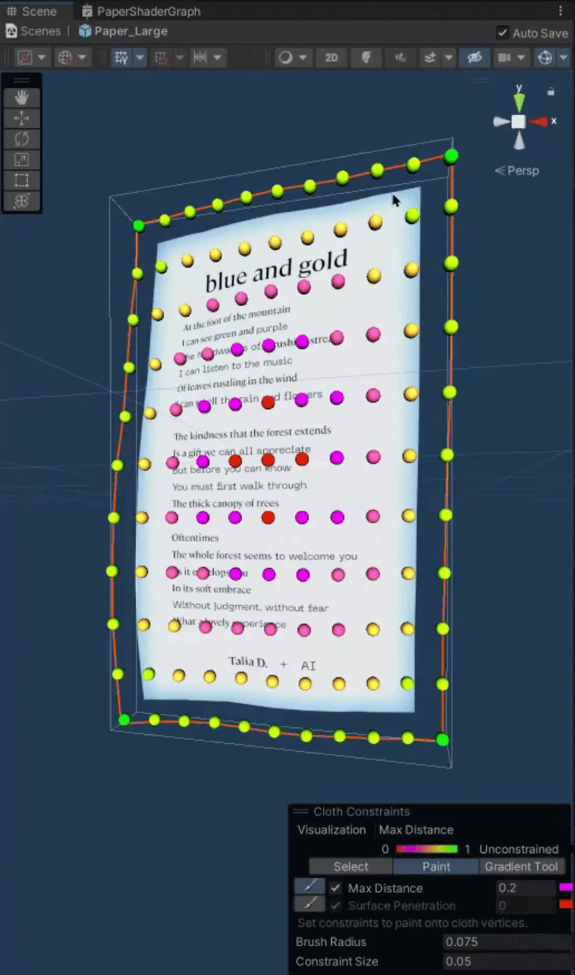 The paper cloth simulation in the Unity editor.