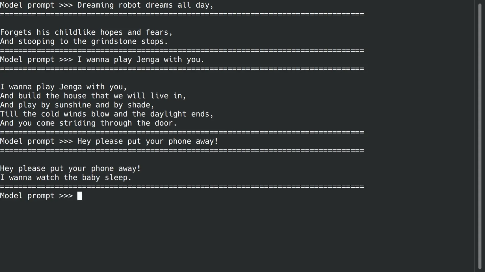A terminal prototype alternating lines between a person and GPT-2.