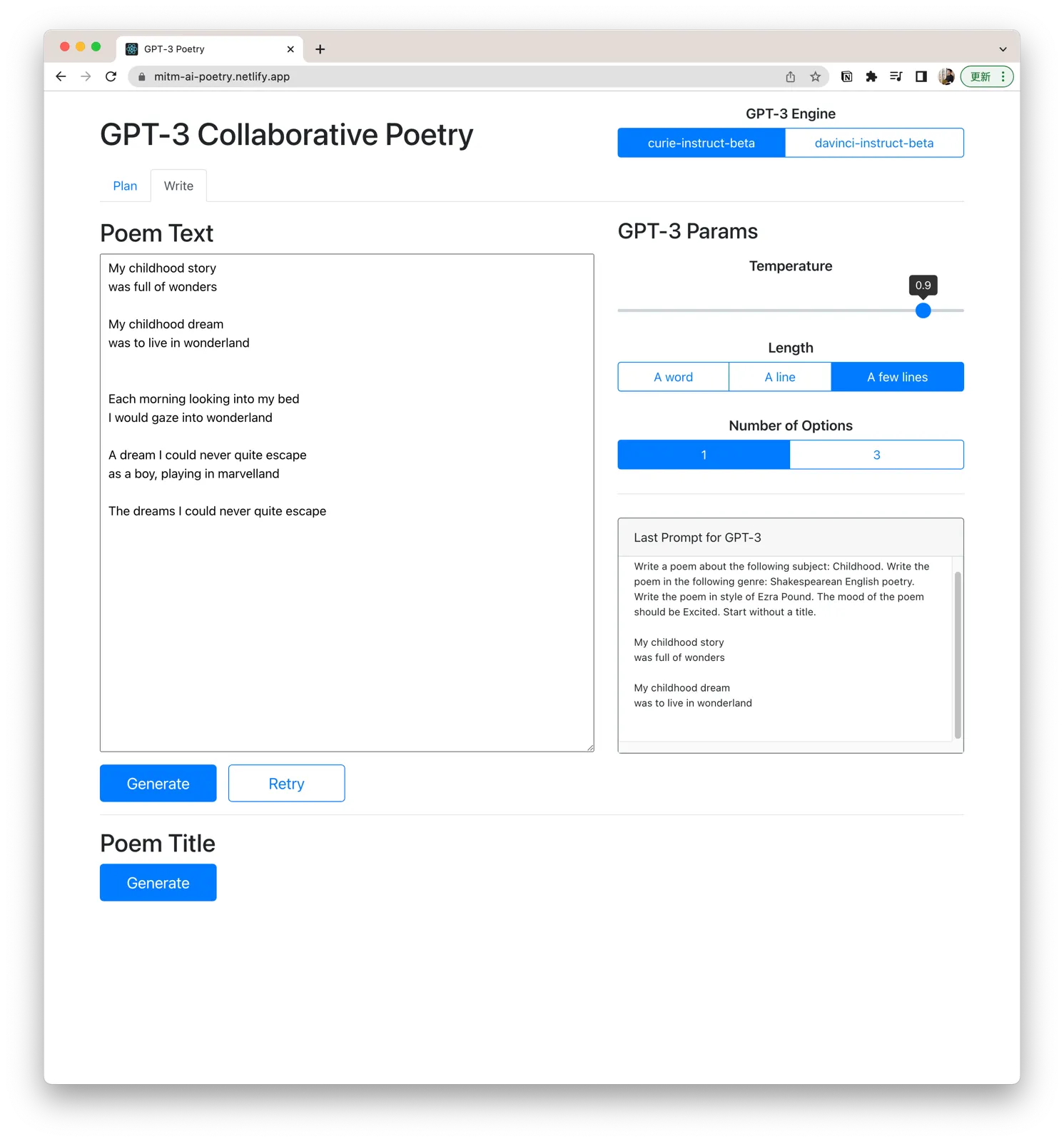 A web prototype testing GPT-3 prompts for poem subjects, moods, and titles.