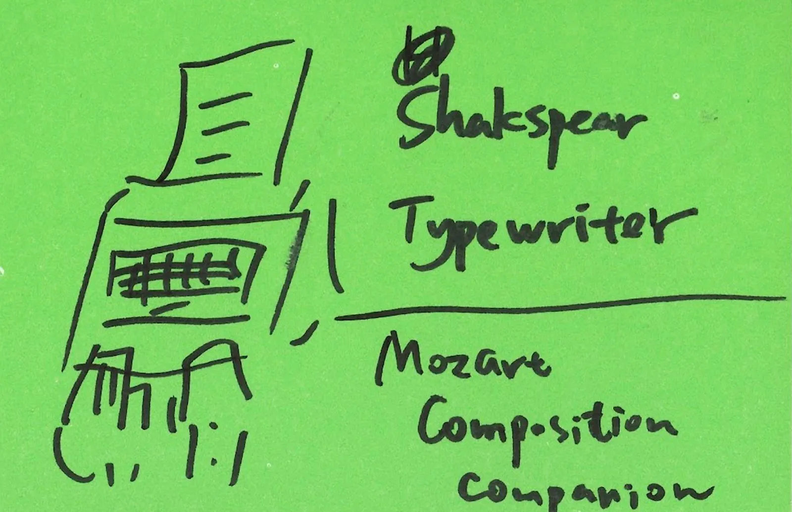 Weili’s sticky note sketching a typewriter that writes like Shakespeare.