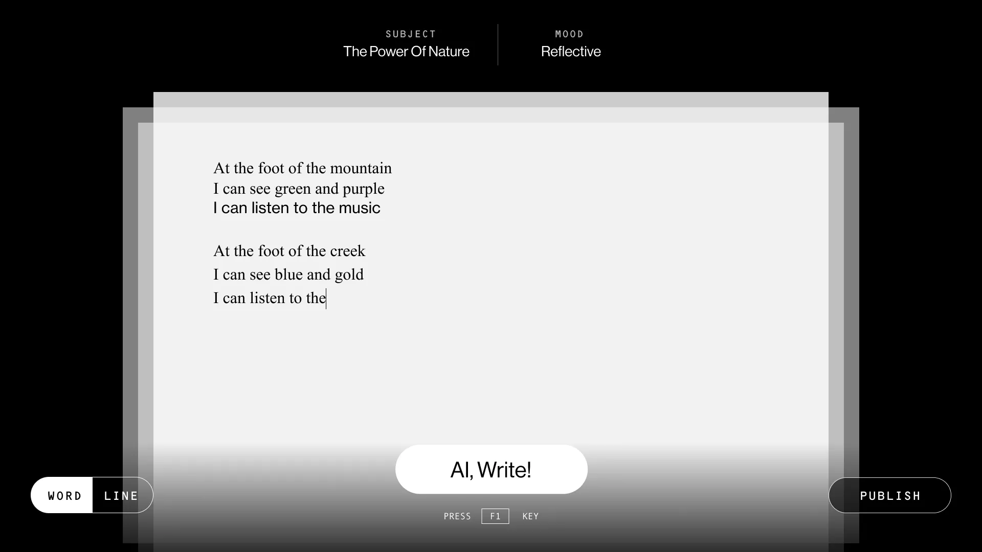 The final writing screen with a blank page and an “AI, write” button.