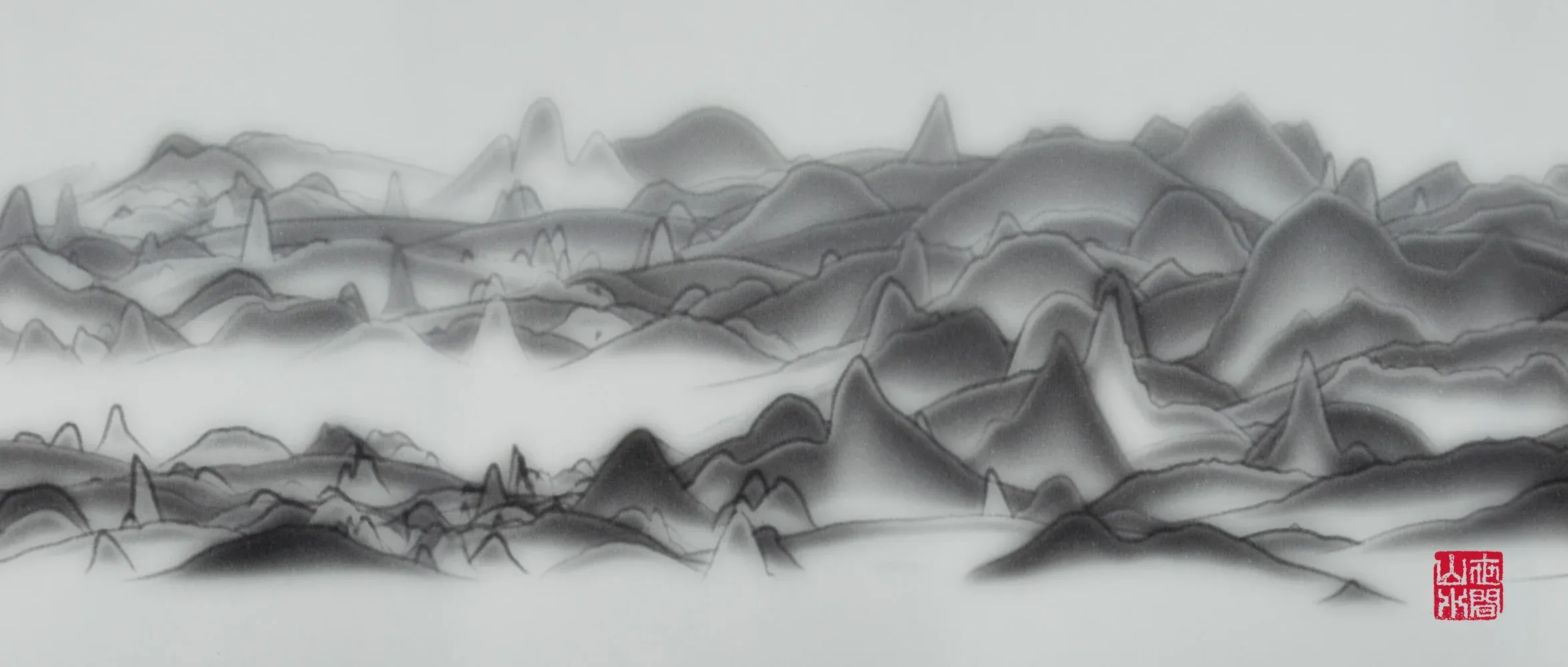 A Chinese ink landscape of misty mountains generated from Manhattan building data, with a red seal.